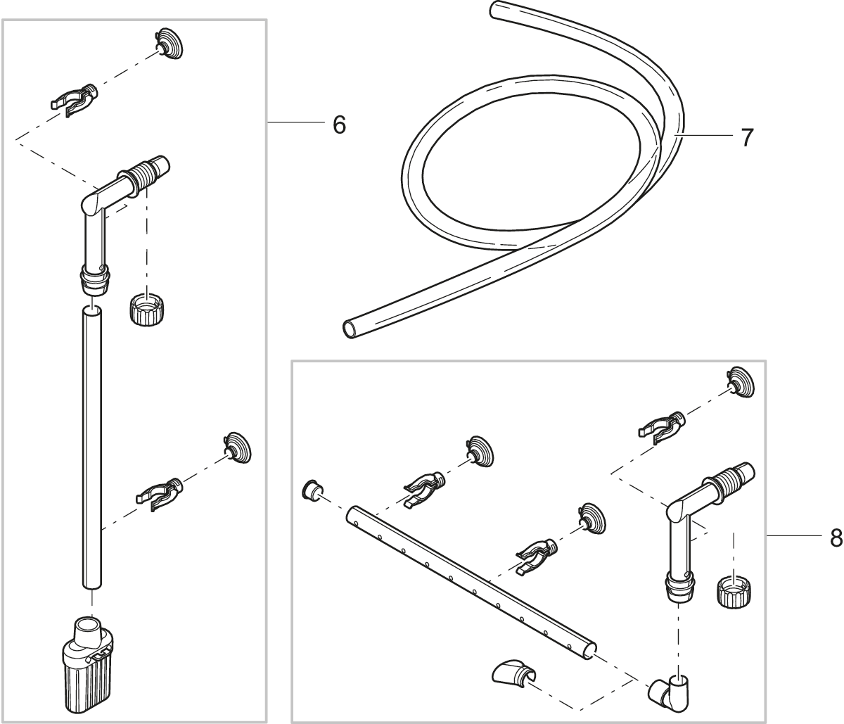 Technische Zeichnung der Zubehörteile für OASE FiltoSmart Aquarien-Außenfilter: Ansaugrohr mit Filterkorb, Adapterstücke, Halteclips und Saugnäpfe, flexibler Schlauch sowie Ausströmerrohr mit Diffusor für Wasserverteilung.