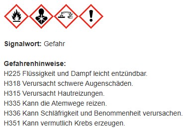 Vier rote Gefahrensymbole: Flamme, Gesundheitsgefahr, Korrosion und Ausrufezeichen. Der Text darunter warnt vor der Entzündbarkeit von Tangit Kleber sowie vor Augen-, Haut- und Atemwegsreizungen, Schläfrigkeit und möglicher Krebsgefahr.