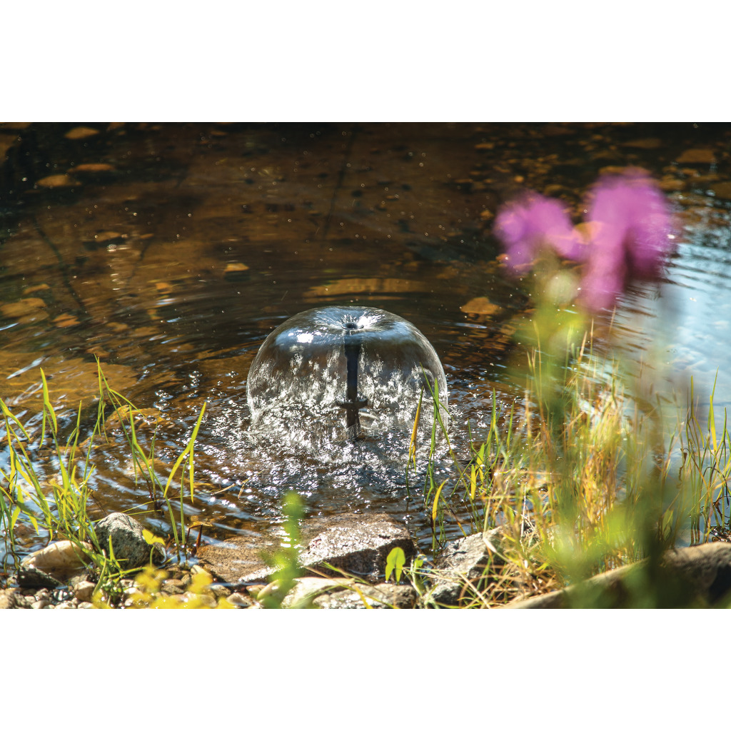 Une pompe de bassin crée un jet d'eau en dôme dans un bassin naturel. L'eau claire reflète le soleil ; sur la rive, herbe verte et petits cailloux. À l'arrière-plan, des fleurs violettes. La pompe Arosa oxygène.