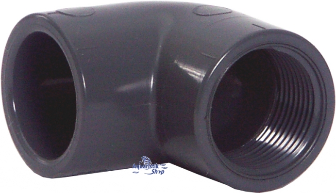 Coude PVC-U gris foncé 90° pour tuyaux 50 mm, avec manchon lisse à une extrémité et filetage intérieur Whitworth 1,5" à l'autre. Robuste, résistant à la pression, inaltérable, idéal piscines, bassins, aquariums.