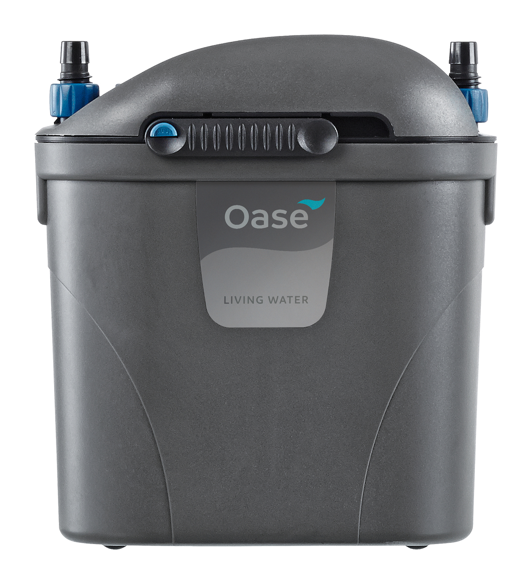 Kompakter, dunkelgrauer Aussenfilter für Aquarien mit Oase-Logo und 'LIVING WATER' vorn. Oben: zwei Anschlussstutzen mit blauen Verschlüssen und blauer Entlüftungsknopf. FiltoSmart 60 für klares Wasser in kleinen Aquarien.